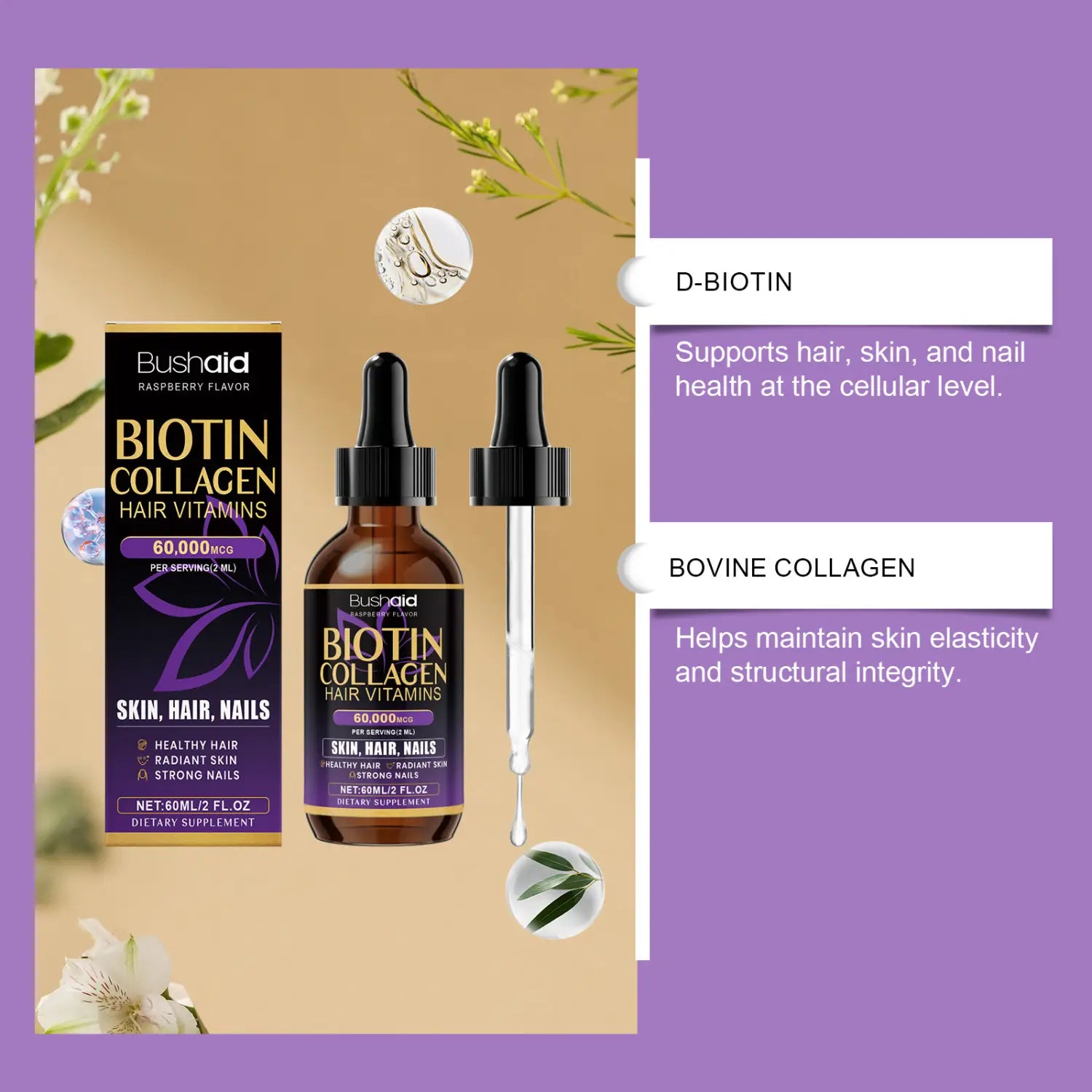 Bushaid biotin collagen hair drops raspberry liquid vitamin in a dark amber glass bottle with black dropper and matching box with purple accents.