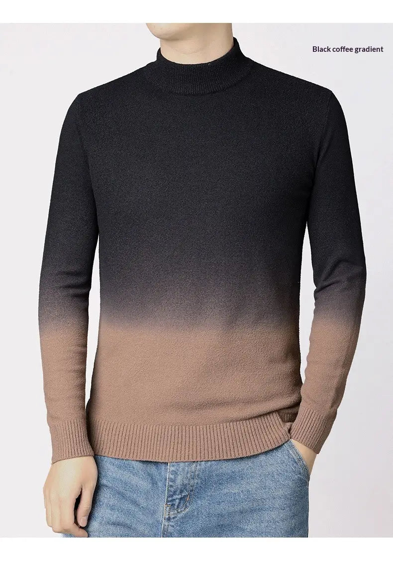 Black coffee gradient turtleneck sweater for men with a smooth knit texture, ribbed cuffs, and fleece lining.