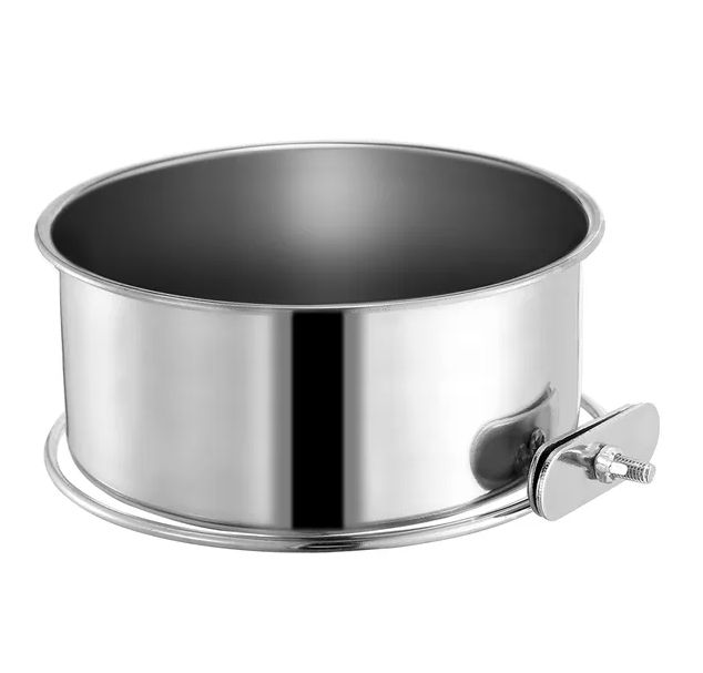 Mangeoire pour chien en acier inoxydable pour caisse, suspension pour nourriture pour animaux, avec une finition métallique brillante et un mécanisme de verrouillage sur le côté.