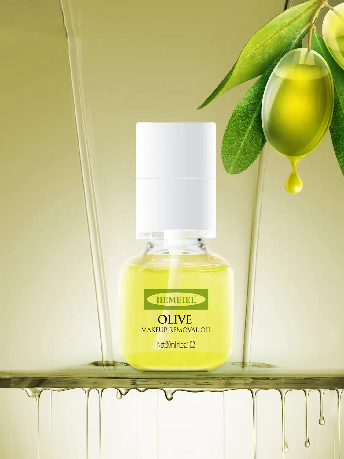 A clear glass bottle with a white cap containing golden-yellow hemieil olive makeup removal oil labeled 30ml for cleansing oil makeup remover olive avocado.