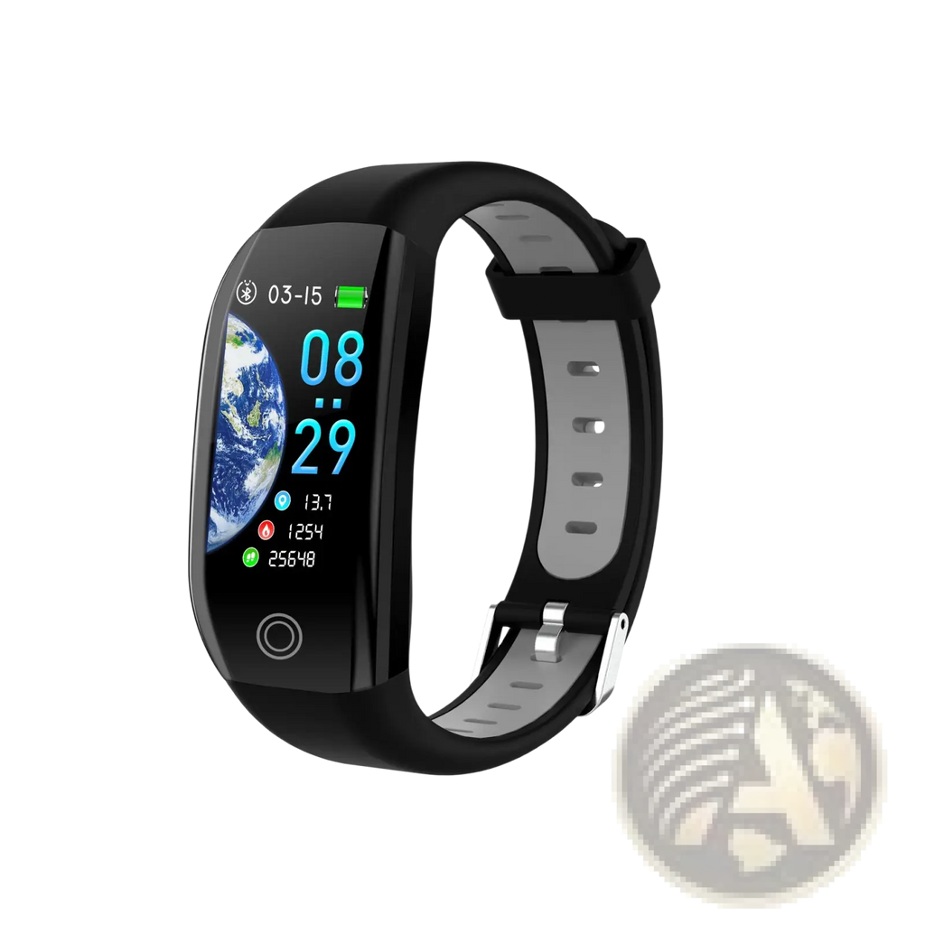 Black F21 waterproof smart fitness bracelet with heart rate monitor and sleek curved screen displaying time and health metrics