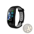 Black F21 waterproof smart fitness bracelet with heart rate monitor and sleek curved screen displaying time and health metrics