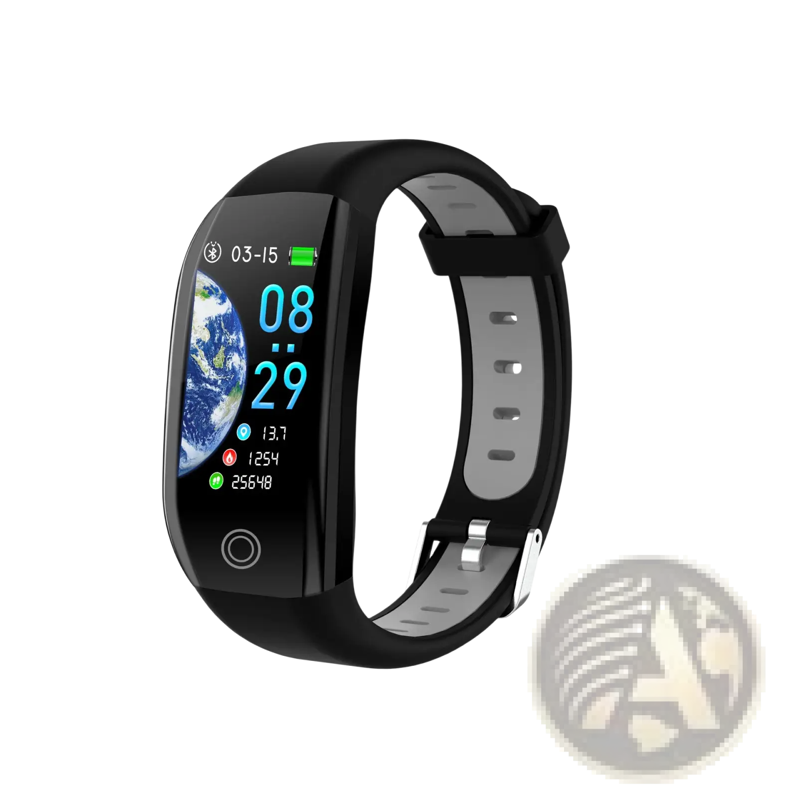 Black F21 waterproof smart fitness bracelet with heart rate monitor and sleek curved screen displaying time and health metrics