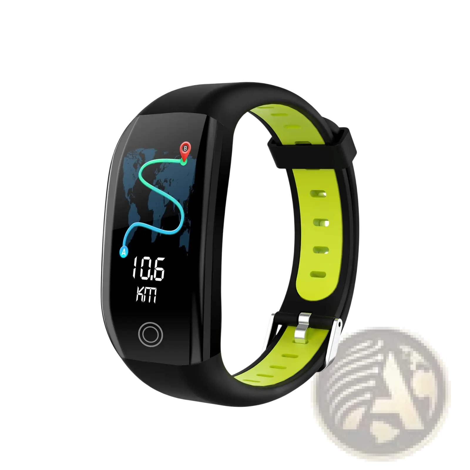 Black and neon green f21 waterproof smart fitness bracelet with heart rate monitor and curved screen displaying map route
