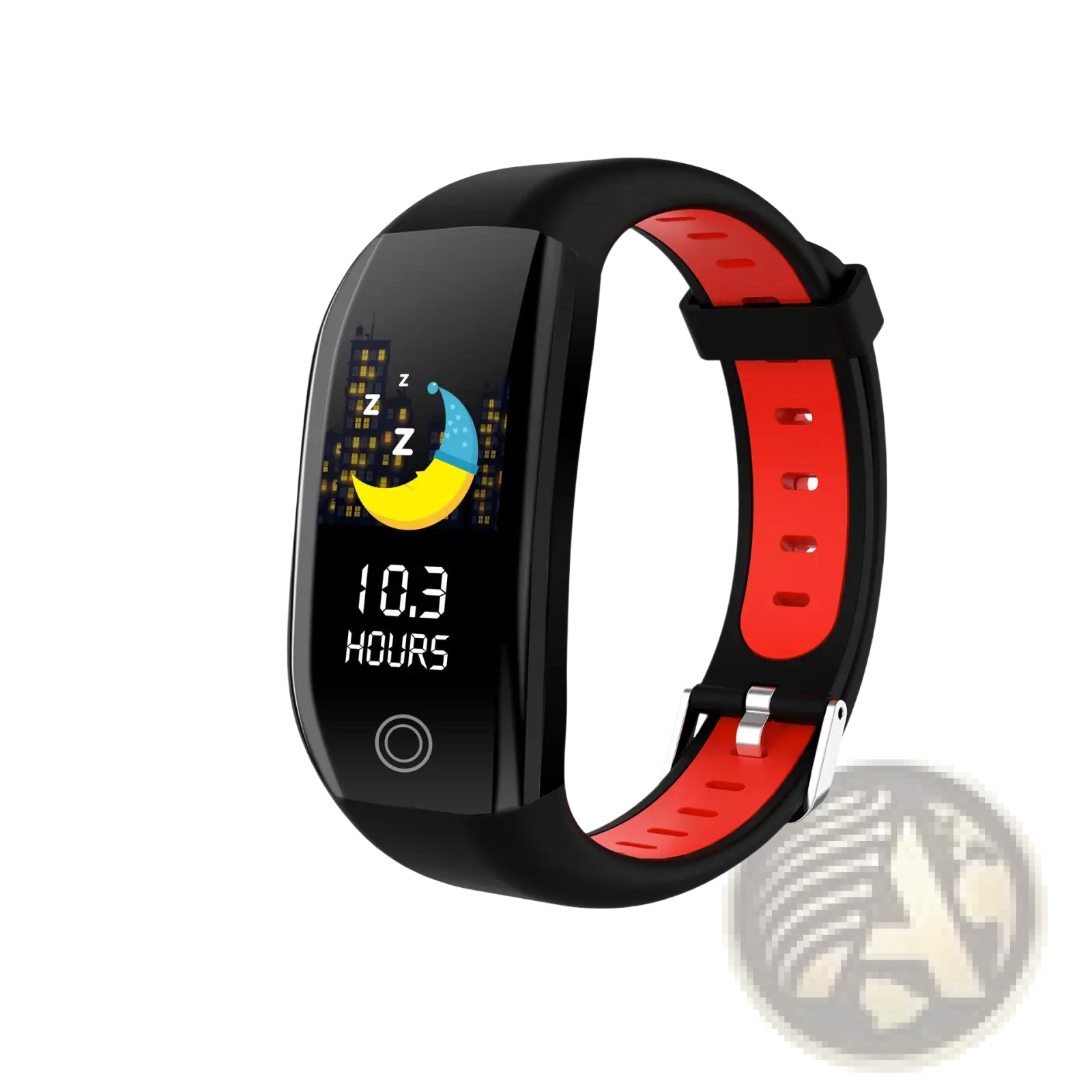 Red and black F21 waterproof smart fitness bracelet with heart rate monitor and curved screen displaying sleep data