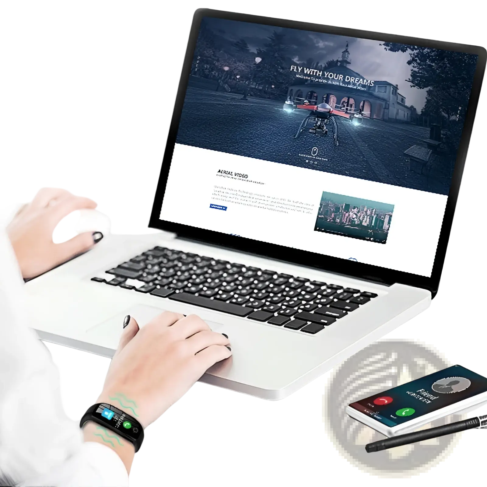 A person using a silver laptop with black keyboard beside a silver F21 waterproof smart fitness bracelet with heart rate monitor
