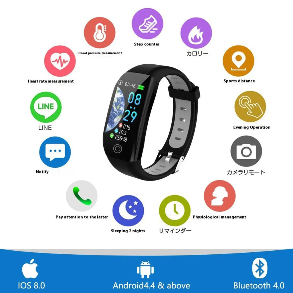 Black F21 waterproof smart fitness bracelet with rectangular touchscreen and gray silicone strap for heart rate monitoring