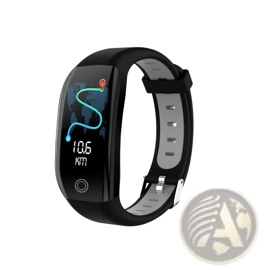Black F21 waterproof smart fitness bracelet with heart rate monitor displaying curved screen map route and distance