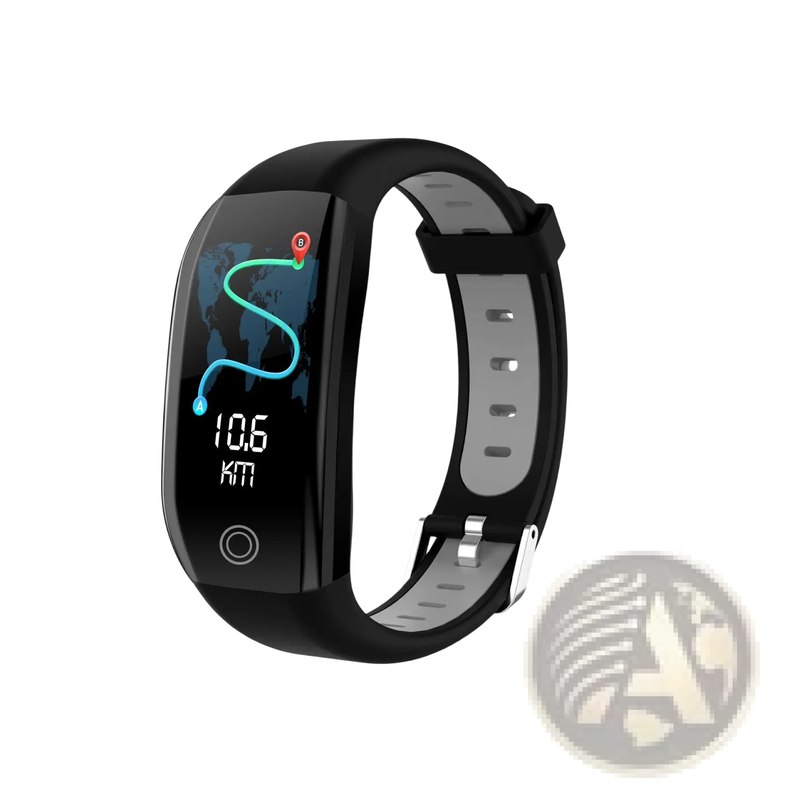 Black F21 waterproof smart fitness bracelet with heart rate monitor displaying curved screen map route and distance
