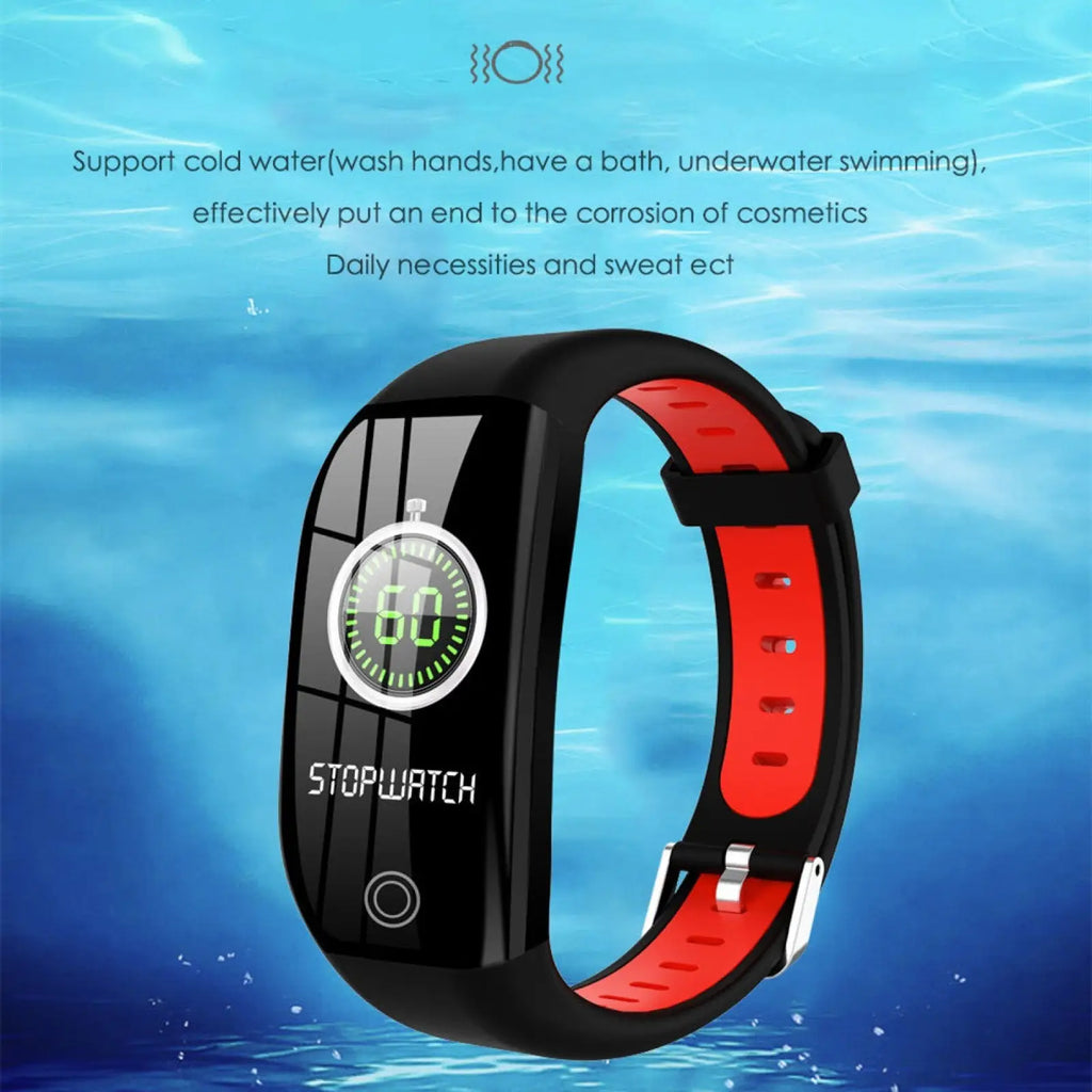 Black and red F21 waterproof smart fitness bracelet with heart rate monitor and circular green stopwatch display showing 60 seconds