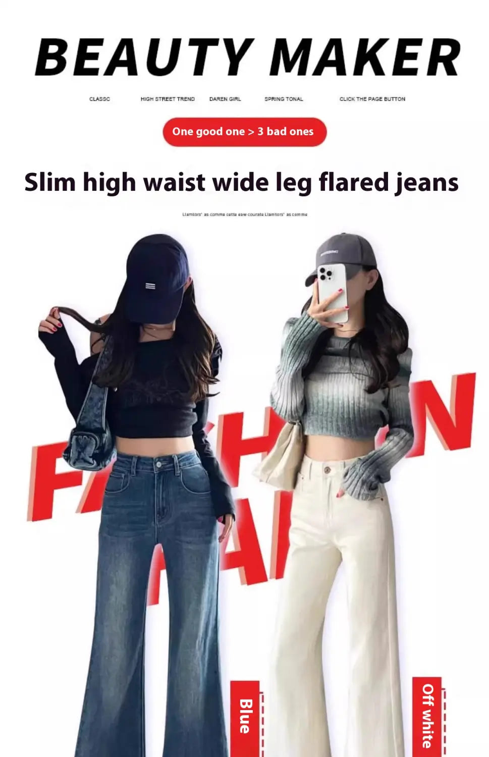 blaue schmale High-Waist-Wide-Leg-Flared-Denimjeans, von der Rückseite gezeigt.