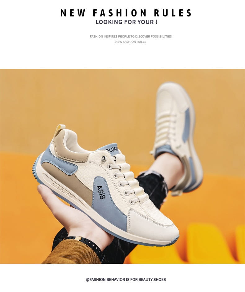 Men’s casual sports sneakers in white and light blue with beige accents featuring a sleek design and non-slip microfiber material for enhanced comfort and performance.