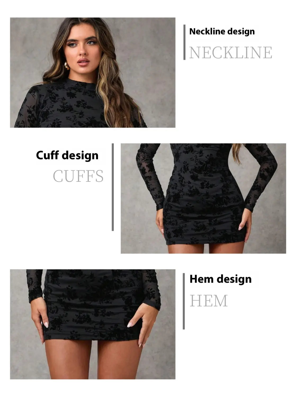 black flocking floral velvet sheath mini dress featuring a black velvet material with long sheer sleeves and floral embroidery.