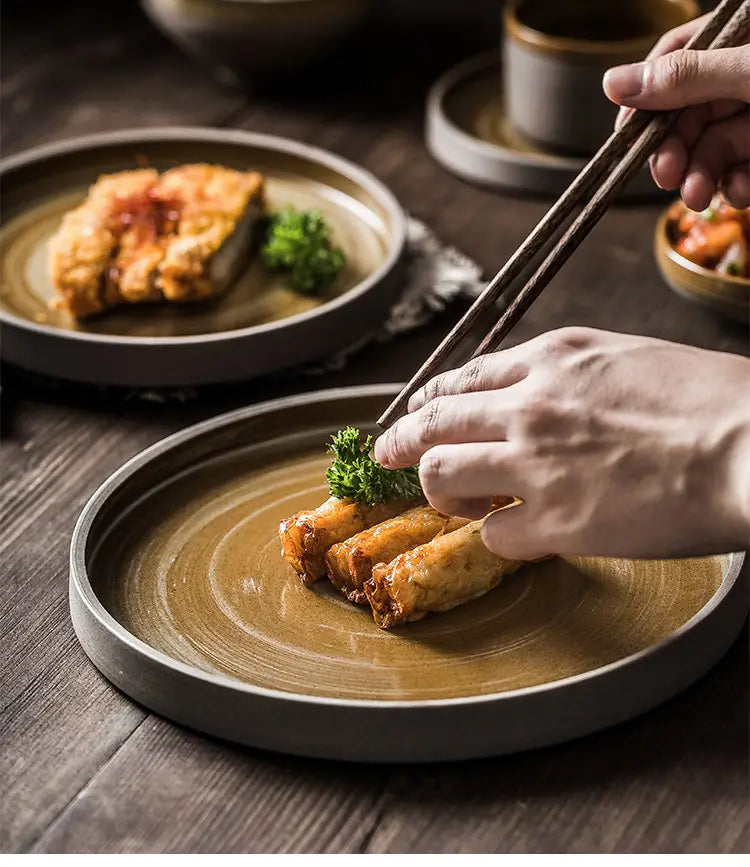 A rustic ceramic plate from a retro Japanese dinnerware set featuring a warm earthy brown glaze and subtle concentric rings.