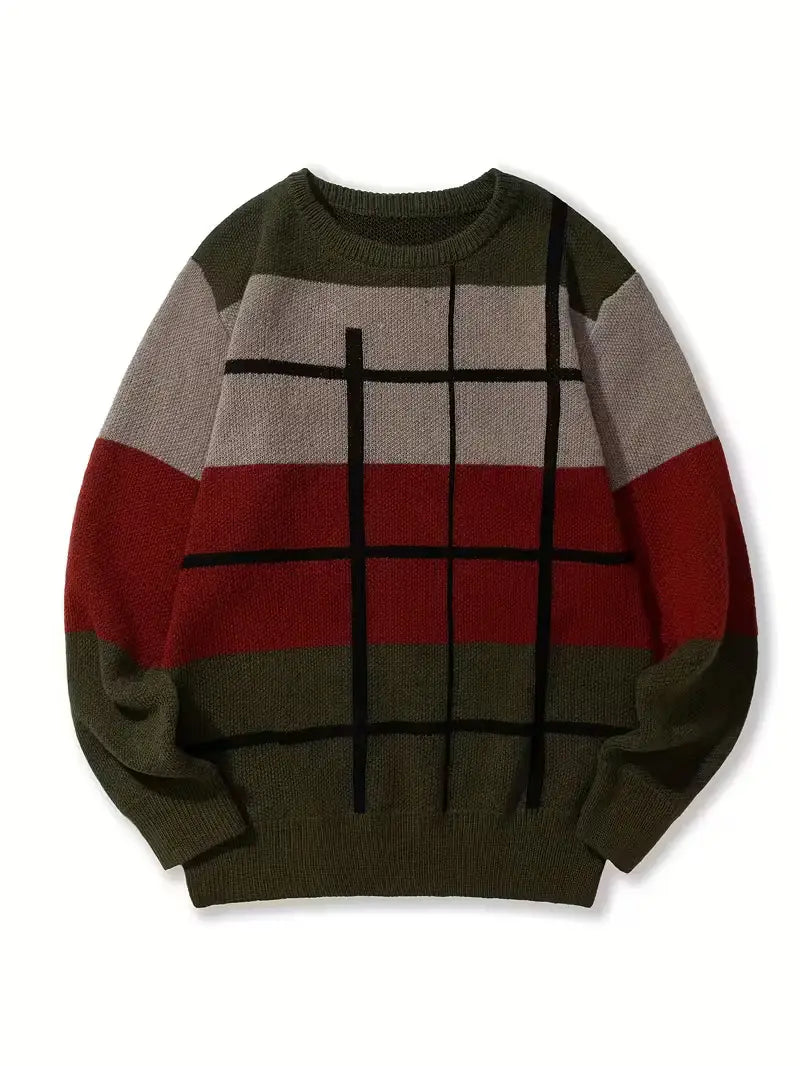 Herren-Halloween-Weihnachtsurlaub-Pullover mit Streifen in Olivgrün, Beige und Rot und einem schwarzen Gitter-Strickmuster.