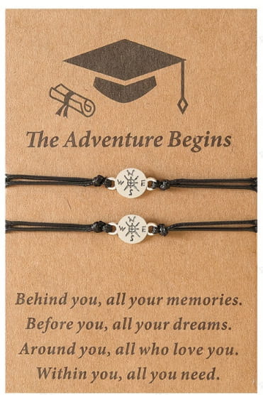 Black cord bracelet with a silver compass charm featuring cardinal direction markings designed for graduation adventure.