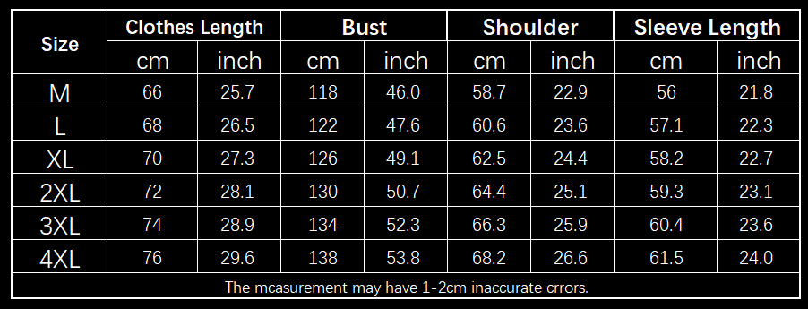 Tabla de tallas para la chaqueta acolchada tipo puffer con capucha para hombre con estampado de letras, que muestra medidas en centímetros y pulgadas para las tallas de M a 4XL.