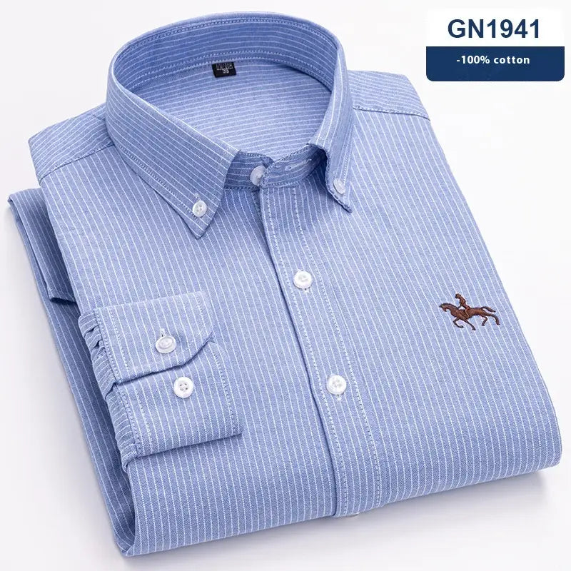 Men’s striped cotton button-down shirt in light blue pinstripe with a brown embroidered horse logo on the chest.
