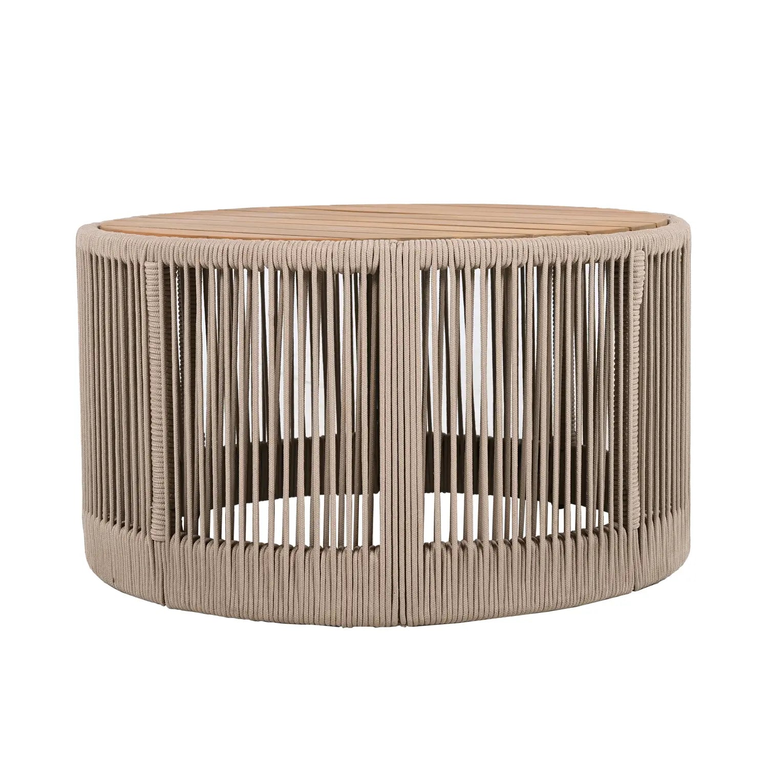 Beige woven rattan coffee table with a light wood top from the rustic industrial table set woven rope coffee side table.