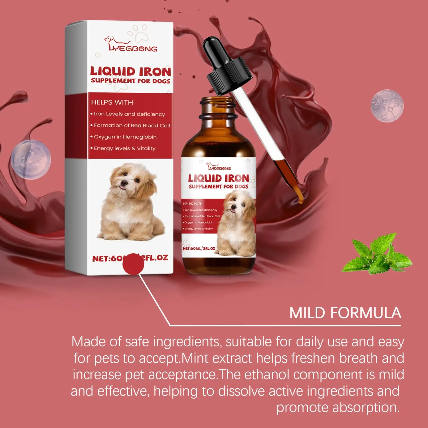 Bouteille en verre ambré avec capuchon de compte-gouttes noir et étiquette blanche, présentant une image de chien portant la marque « Wegbong complément de fer liquide pour chiens, extrait de menthe, 60 ml ».