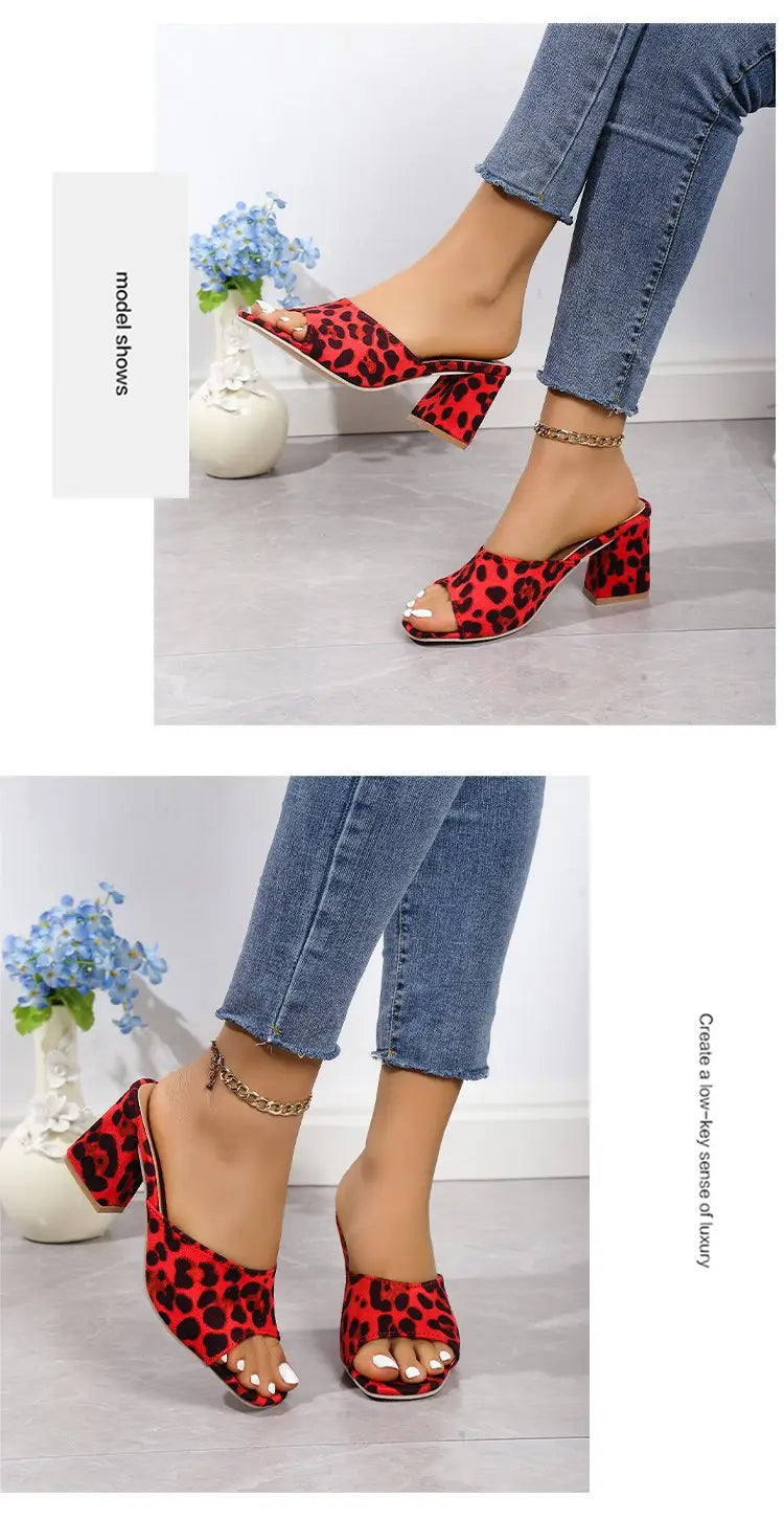 leopard square toe chunky heel mule sandals in red white and tan with leopard print and block heels
