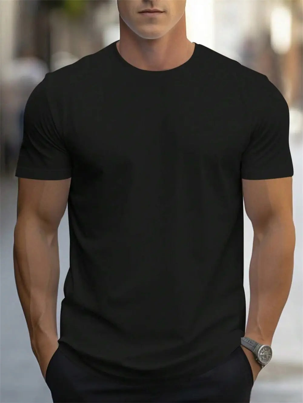 Herren-Retro-Leinenmischung mit lockerer Passform, Kurzarm-T-Shirt in Schwarz mit Rundhalsausschnitt, aus glattem, leichtem Stoff gefertigt.