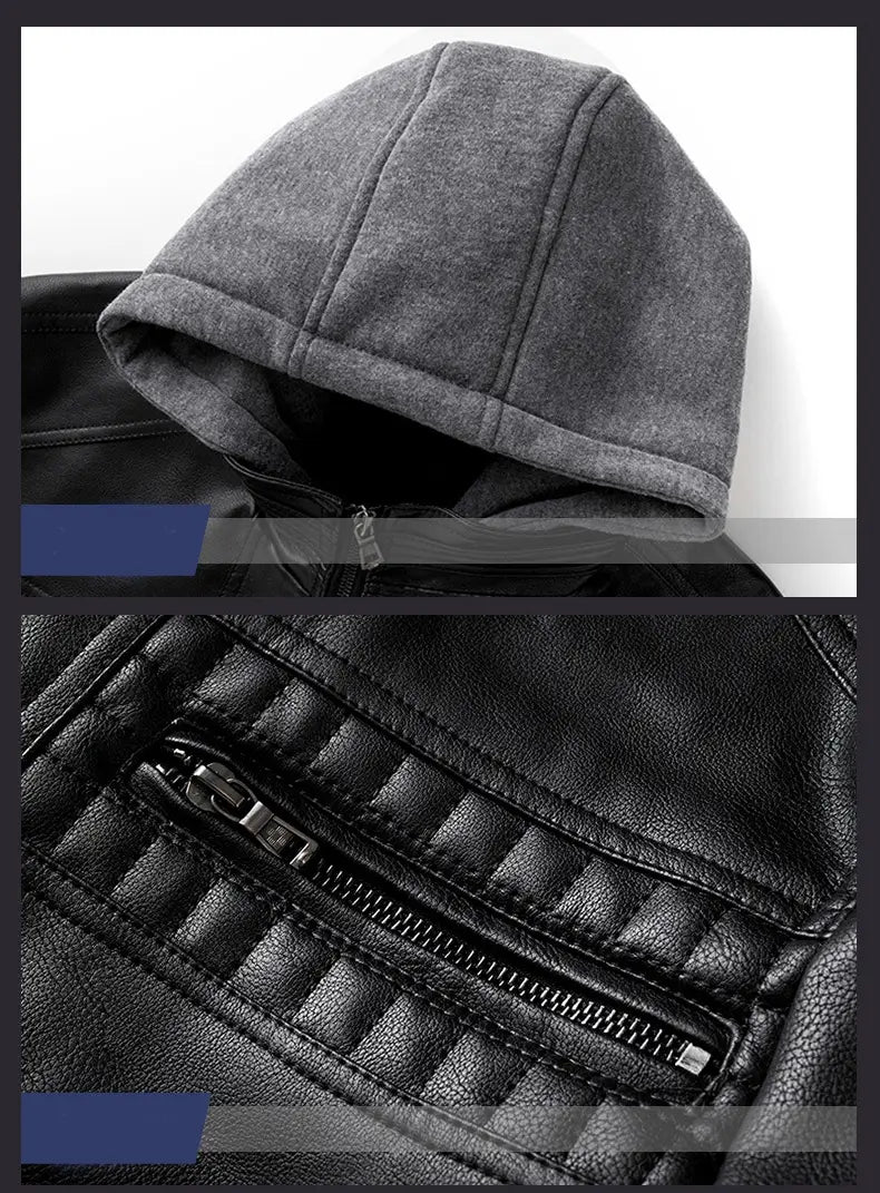 Veste en similicuir PU à capuche pour homme noire avec capuche doublée en polaire grise et finitions matelassées autour de la fermeture éclair.