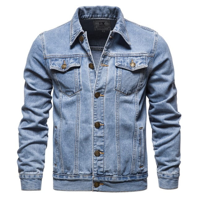 Herren: klassische dunkelblaue Jeansjacke mit Knopfverschluss, gefertigt aus leicht-waschendem Denim-Material mit klassischem Knopf-Frontdesign und Brusttaschen.