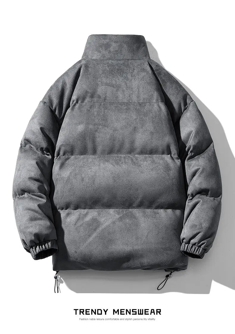 Women thick padded winter coat gray suede puffer jacket with horizontal stitching and elastic cuffs.
