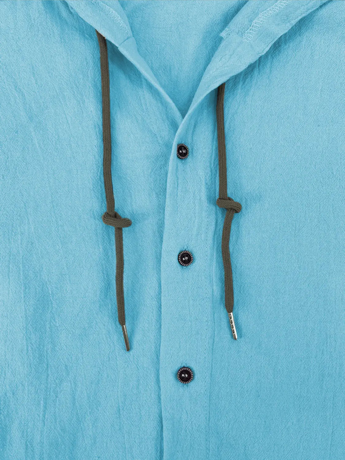 Camisa de cárdigan con capucha ligera para hombre, color azul claro, con cordones en marrón oscuro y botones decorativos.