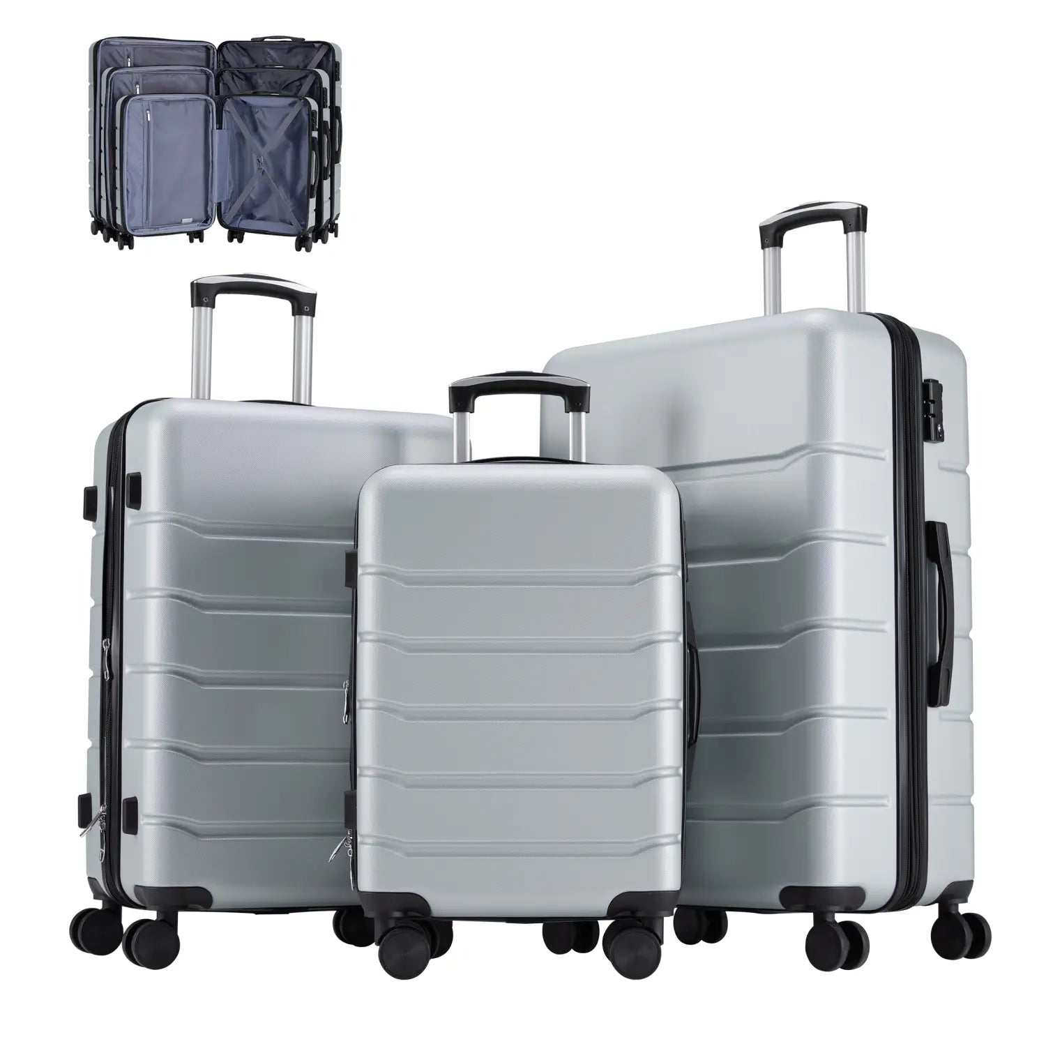 Set of three expandable silver abs spinner luggage hard shell suitcases with black trim and wheels.