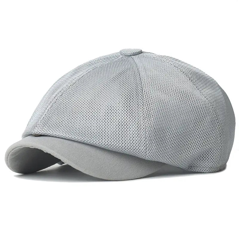 light gray mesh newsboy cap with a structured flat brim and breathable summer design for men and women