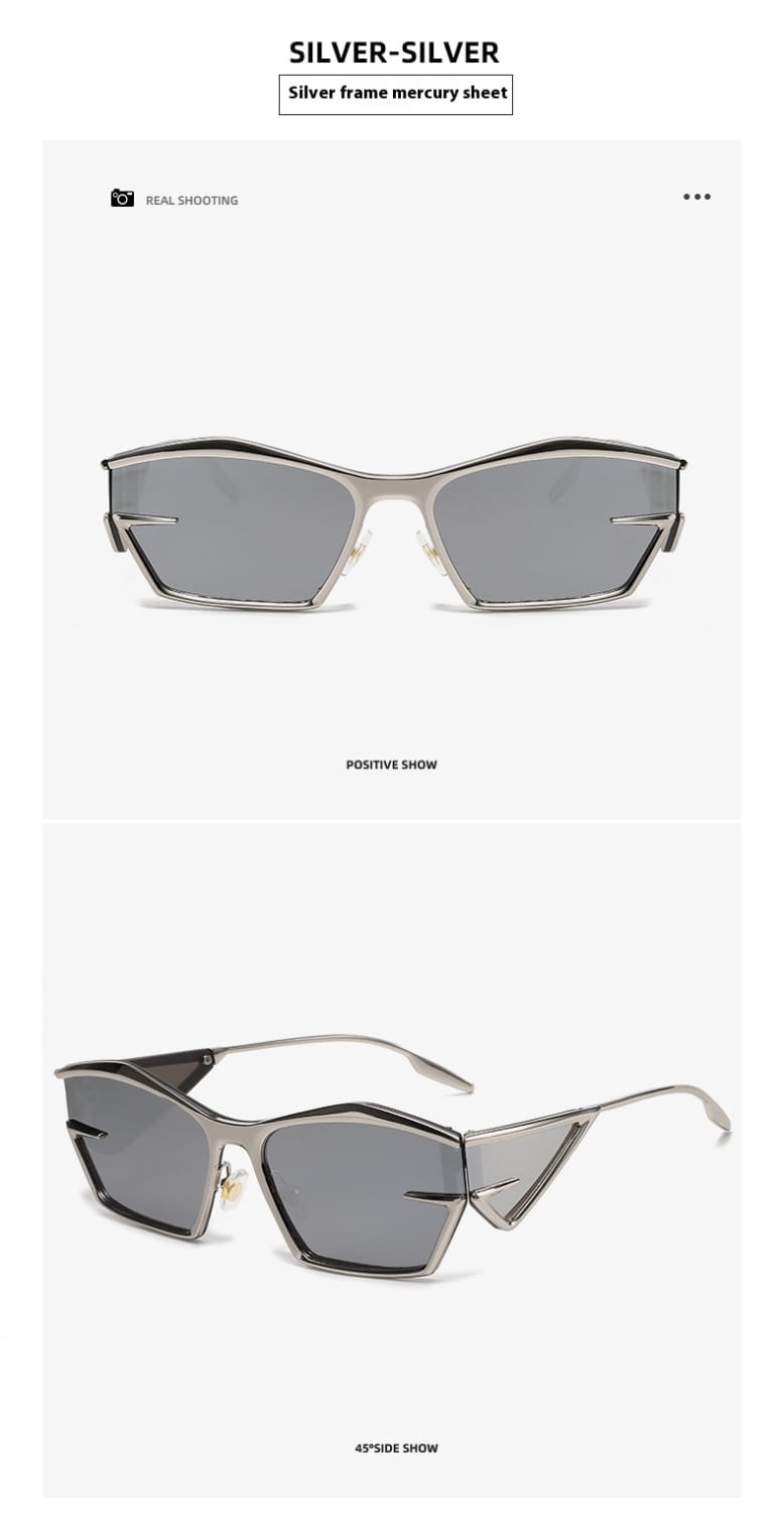 Geometric Shield Uv400 fashion sunglasses featuring silver-framed angular design with dark gray mercury lenses.