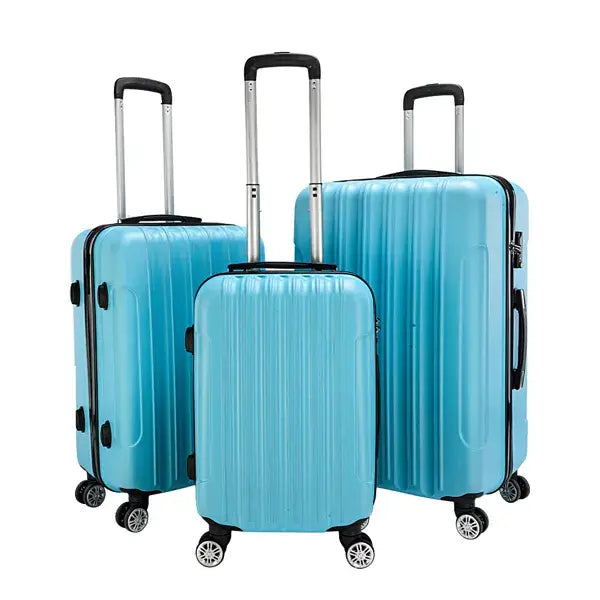Set of three light blue textured rolling hardshell suitcases with black trim and silver telescoping handles in a 3-in-1 design.