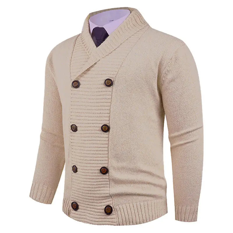 Men’s double-breasted knit cardigan in beige with ribbed detailing and dark brown buttons made from soft knit material.