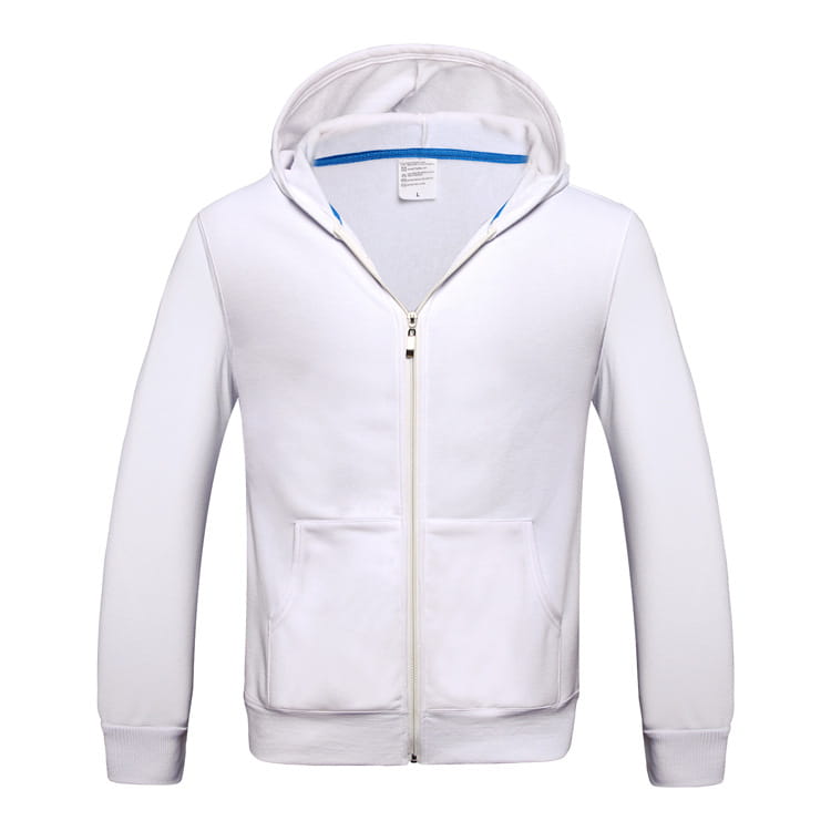 Men’s white fleece zip hoodie with blue inner collar trim and two front pockets featuring contrast trim design.