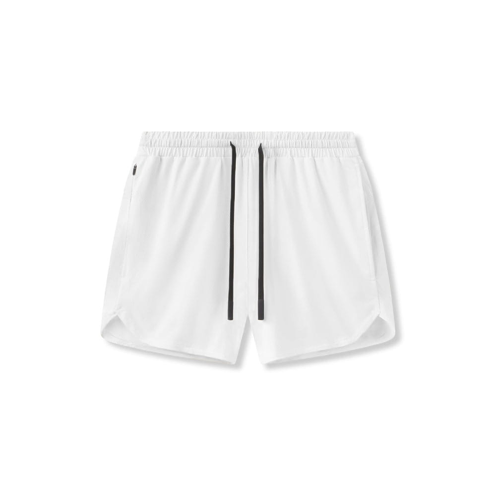 Men quick dry athletic sports shorts in white with black drawstrings and a subtle side pocket designed for performance and comfort.