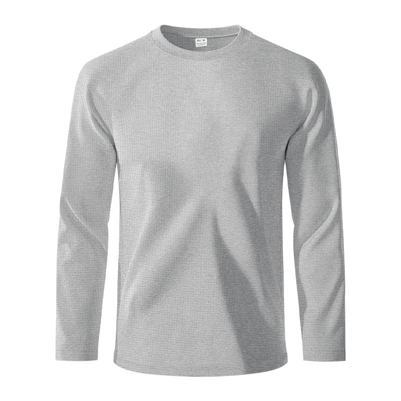 A light gray men’s long sleeve waffle knit thermal pullover with a subtle textured weave.