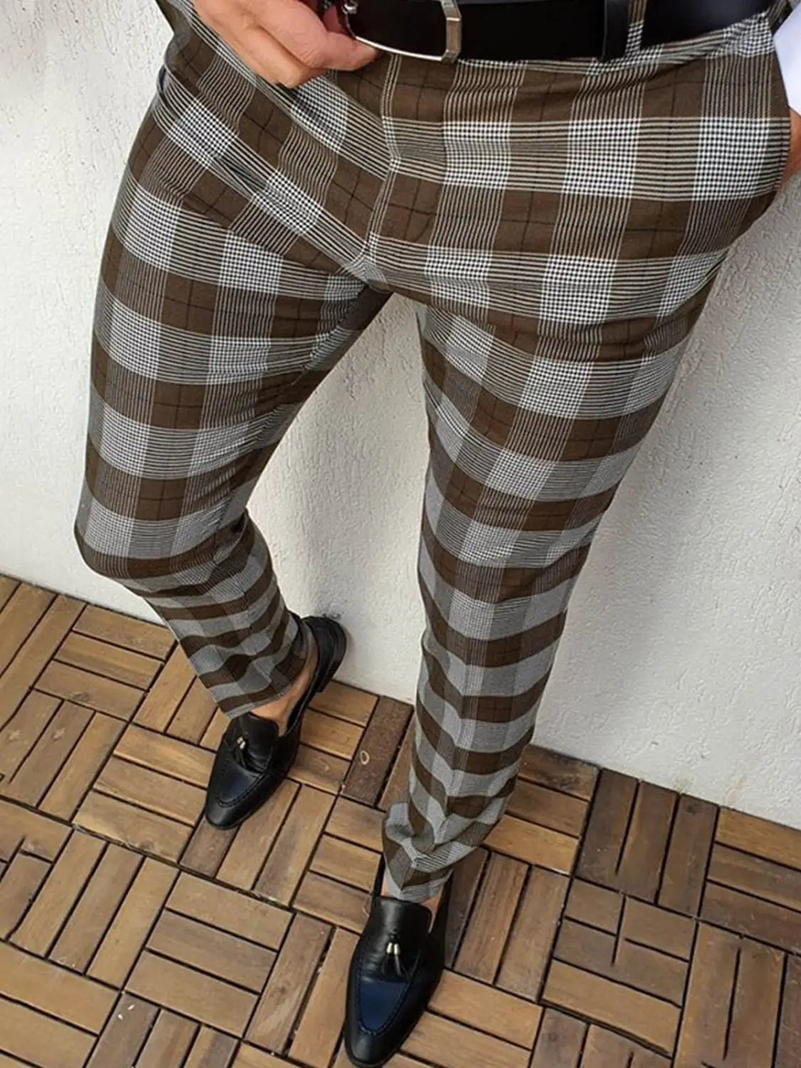 brown and gray plaid slim fit men’s casual trousers featuring a tailored fit and check pattern suitable for everyday wear