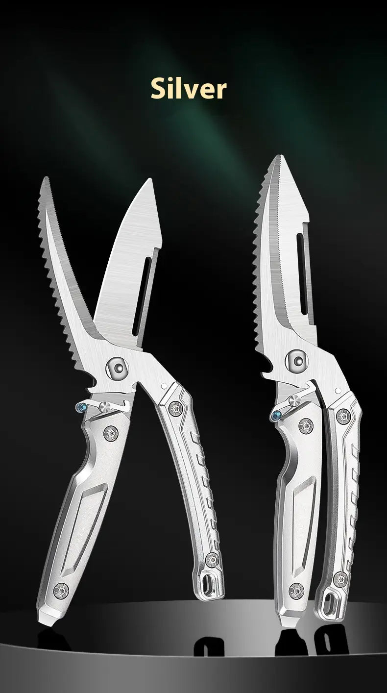 Silver stainless steel chicken bone scissors with serrated blades and textured handles for kitchen use.
