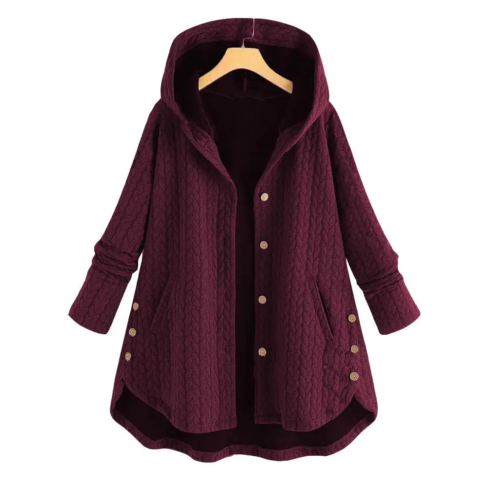 Damen Steppjacke mit Kapuze aus Baumwolle, mittellang, in Bordeaux mit weich strukturierter Strickoptik und goldfarbenen Knöpfen