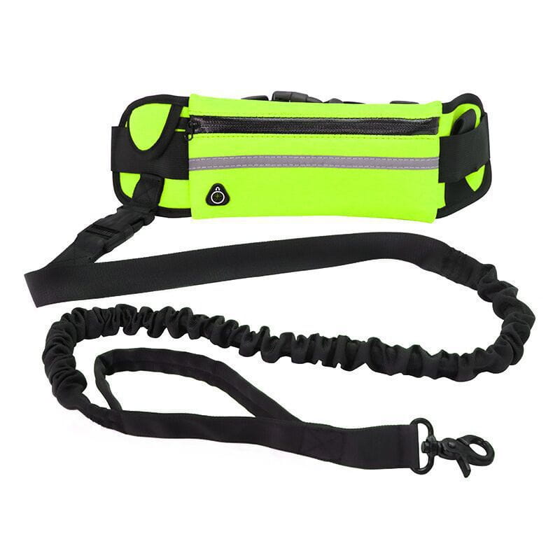 Cinturón para caminar al perro sin manos en color verde neón brillante con correas elásticas ajustables negras, una franja reflectante y un gancho metálico para una sujeción segura de la correa.