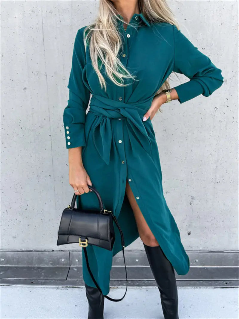 Teal long sleeve belted maxi cardigan dress with waist tie and side slit in soft fabric shown from the front.