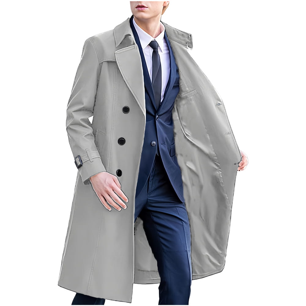 A sleek light gray men solid color long trench coat with black buttons and a classic double-breasted design.