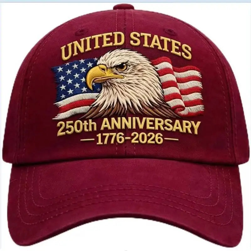 Maroon baseball cap featuring an embroidered American eagle with a waving flag and gold lettering reading united states 250th anniversary 1776-2026