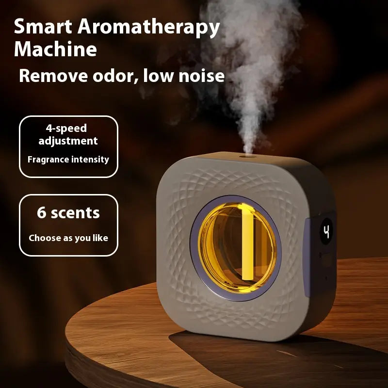 Compact white and purple smart aromatherapy machine with textured surface, rechargeable and wall mounted, featuring glowing yellow interior light and emitting mist.
