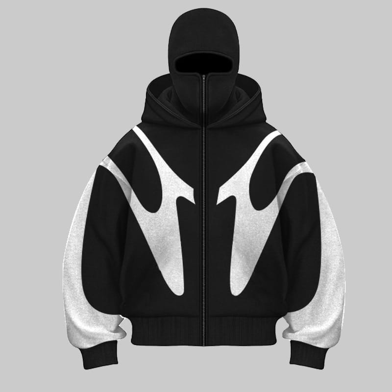 Veste à capuche zippée noir et blanc avec des graphismes audacieux et abstraits rappelant la flamme sur la poitrine et les manches, présentés dans la collection de veste zippée à capuche cagoule à graphisme de flamme.