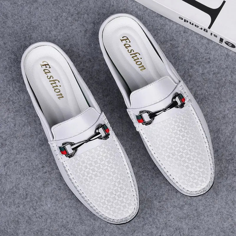 Men’s leather mule loafers in white woven leather with black and red horsebit buckle accent.