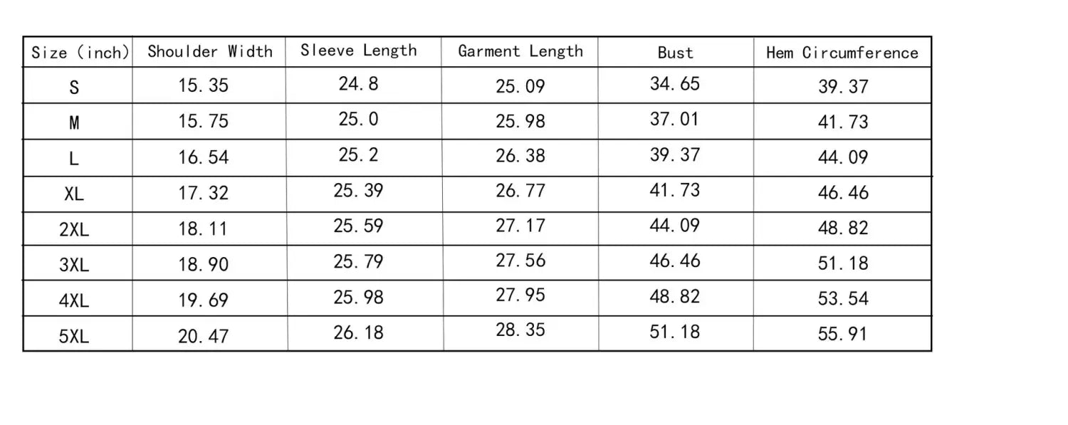 Die Tabelle zeigt Maßangaben, einschließlich Schulterbreite, Ärmellänge, Kleidungs­länge, Brustweite und Saumumfang für die wattierte Baumwolljacke im Slim-Fit in den Größen S bis 5XL.