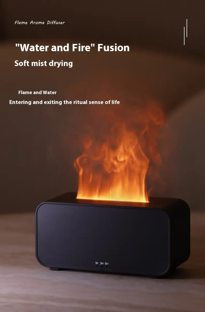 Black rectangular flame diffuser humidifier with glowing orange flame effect and soft jellyfish mist drying feature.